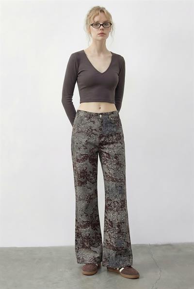 Kadın Vintage Desen Yüksek Bel Denim Pantolon DP251033 60286008 - Gri-Kahverengi