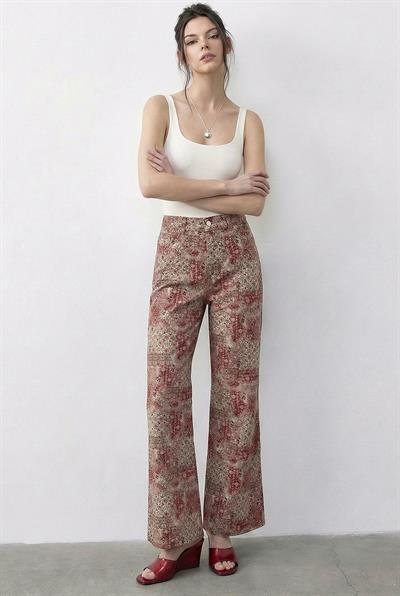 Kadın Vintage Desen Yüksek Bel Denim Pantolon DP251033 60286008 - Pudra