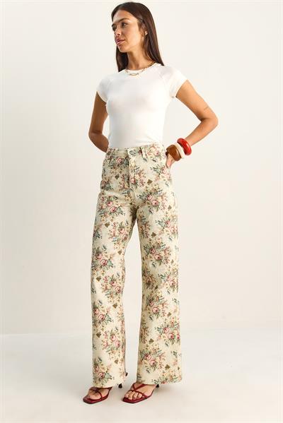 Kadın Vintage Desen Yüksek Bel Denim Pantolon DP251033 60286008 - Krem-Pembe