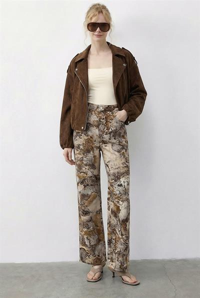 Kadın Vintage Desen Yüksek Bel Denim Pantolon DP251033 60286008 - Krem-Sarı