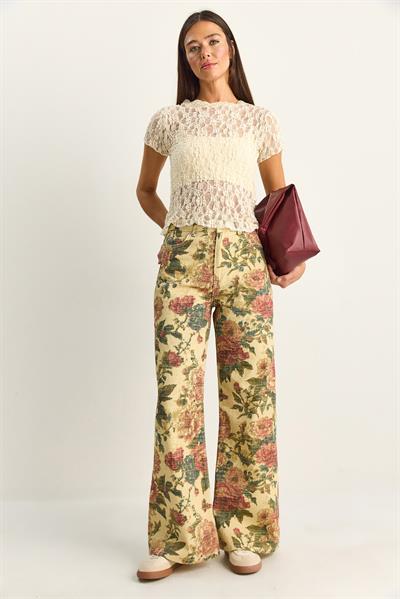 Kadın Vintage Desen Yüksek Bel Denim Pantolon DP251033 60286008 - Sarı