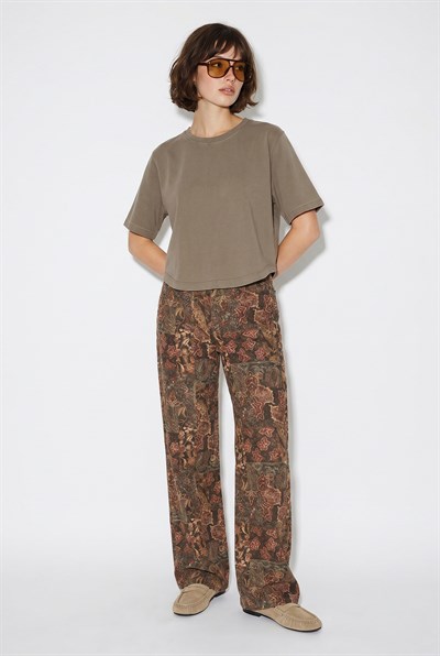 Kadın Vintage Desen Yüksek Bel Denim Pantolon DP251033 60286008 - Haki