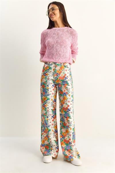 Kadın Vintage Desen Yüksek Bel Denim Pantolon DP251033 60286008 - Beyaz-Mavi