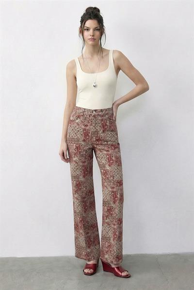 Kadın Vintage Desen Yüksek Bel Denim Pantolon DP251033 60286008 - Pudra