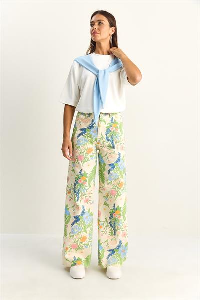 Kadın Vintage Desen Yüksek Bel Denim Pantolon DP251033 60286008 - Krem-Yeşil