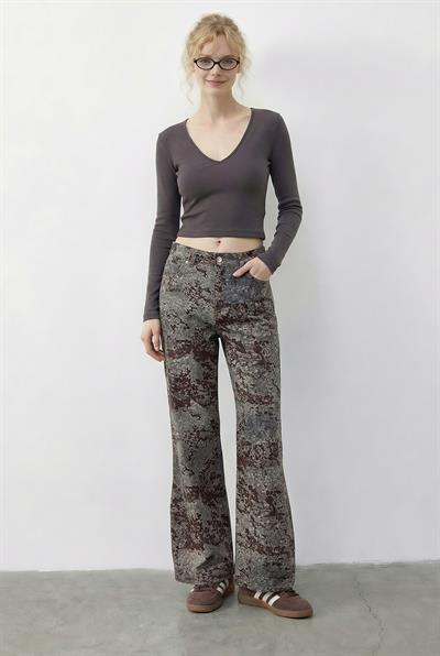 Kadın Vintage Desen Yüksek Bel Denim Pantolon DP251033 60286008 - Gri-Kahverengi