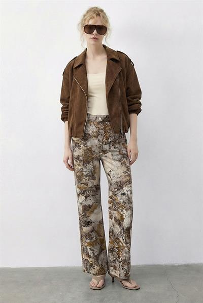 Kadın Vintage Desen Yüksek Bel Denim Pantolon DP251033 60286008 - Krem-Sarı