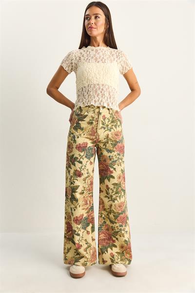 Kadın Vintage Desen Yüksek Bel Denim Pantolon DP251033 60286008 - Sarı
