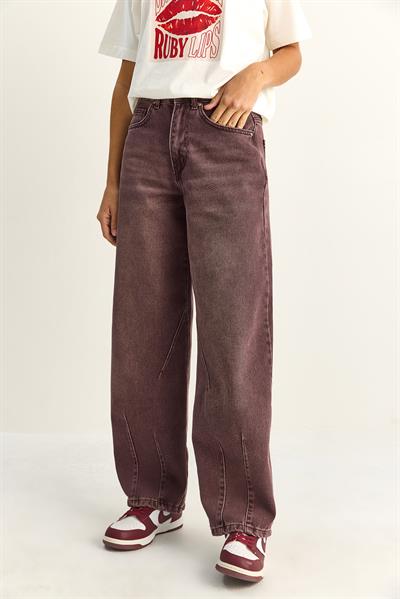 Kadın Vintage Yıkamalı Baggy Kesim Rahat Kalıp Denim Pantolon 703 60286060 - Mürdüm