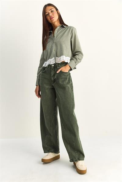 Kadın Vintage Yıkamalı Baggy Kesim Rahat Kalıp Denim Pantolon 703 60286060 - Haki