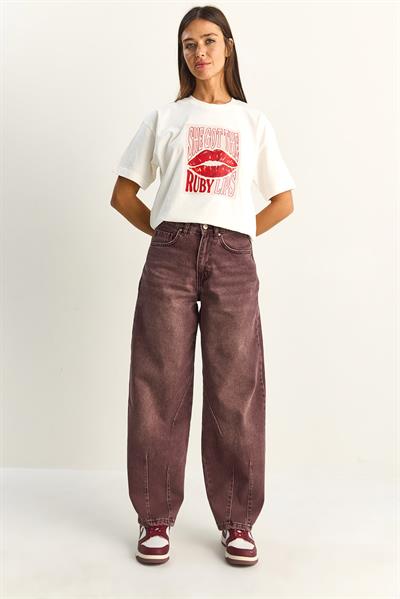 Kadın Vintage Yıkamalı Baggy Kesim Rahat Kalıp Denim Pantolon 703 60286060 - Mürdüm