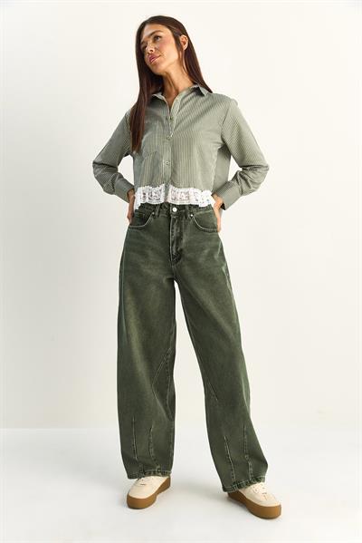 Kadın Vintage Yıkamalı Baggy Kesim Rahat Kalıp Denim Pantolon 703 60286060 - Haki
