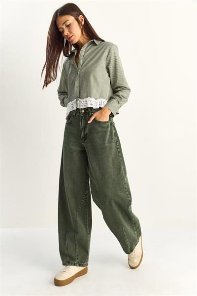 Kadın Vintage Yıkamalı Baggy Kesim Rahat Kalıp Denim Pantolon 703 60286060 - Haki