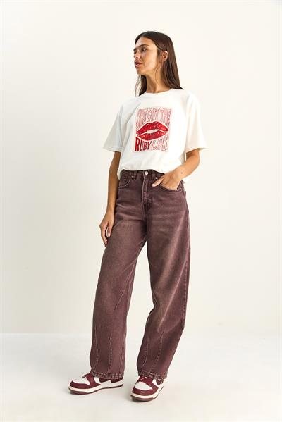 Kadın Vintage Yıkamalı Baggy Kesim Rahat Kalıp Denim Pantolon 703 60286060 - Mürdüm