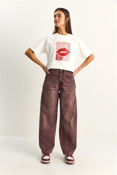 Kadın Vintage Yıkamalı Baggy Kesim Rahat Kalıp Denim Pantolon 703 60286060 - Mürdüm