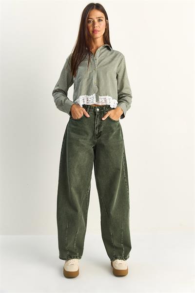 Kadın Vintage Yıkamalı Baggy Kesim Rahat Kalıp Denim Pantolon 703 60286060 - Haki