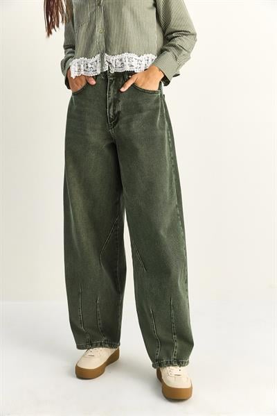 Kadın Vintage Yıkamalı Baggy Kesim Rahat Kalıp Denim Pantolon 703 60286060 - Haki