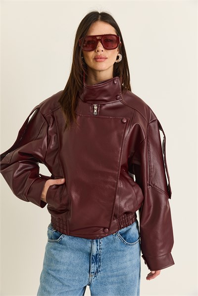 Kadın Viral Oversize Yüksek Yaka Apolet Detaylı Suni Deri Ceket 8058 60286526 - Bordo