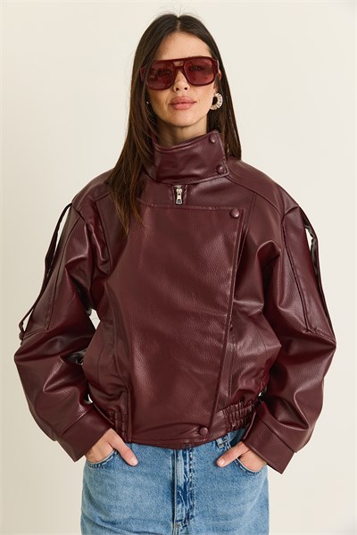 Kadın Viral Oversize Yüksek Yaka Apolet Detaylı Suni Deri Ceket 8058 60286526 - Bordo