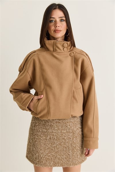 Kadın Viral Oversize Yüksek Yaka Apolet Detaylı Suni Kaşe Kaban 427 60286643 - Camel