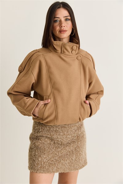 Kadın Viral Oversize Yüksek Yaka Apolet Detaylı Suni Kaşe Kaban 427 60286643 - Camel