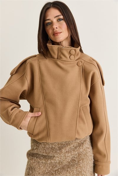 Kadın Viral Oversize Yüksek Yaka Apolet Detaylı Suni Kaşe Kaban 427 60286643 - Camel