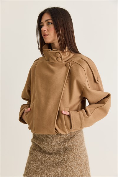 Kadın Viral Oversize Yüksek Yaka Apolet Detaylı Suni Kaşe Kaban 427 60286643 - Camel