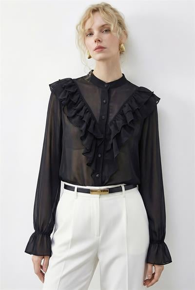 Kadın Volan Detaylı Transparan Şifon Gömlek 0945 60283964 - Siyah
