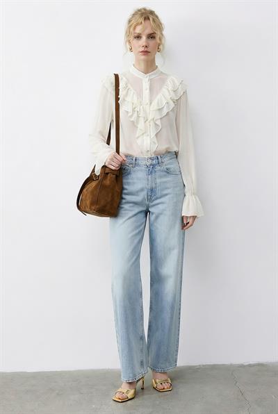 Kadın Volan Detaylı Transparan Şifon Gömlek 0945 60283964 - Krem