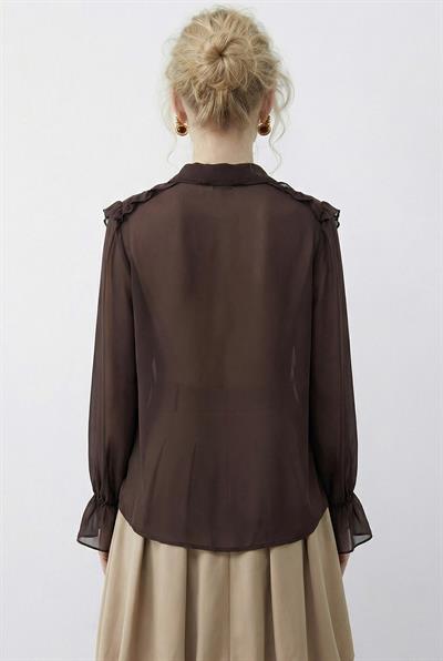 Kadın Volan Detaylı Transparan Şifon Gömlek 0945 60283964 - Acı Kahve