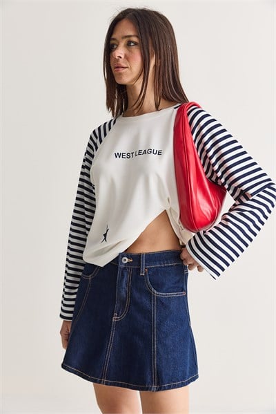 Kadın West League Baskılı Çizgili Reglan Kol Regular Fit Sweatshirt 2391 60286692 - Beyaz-Lacivert