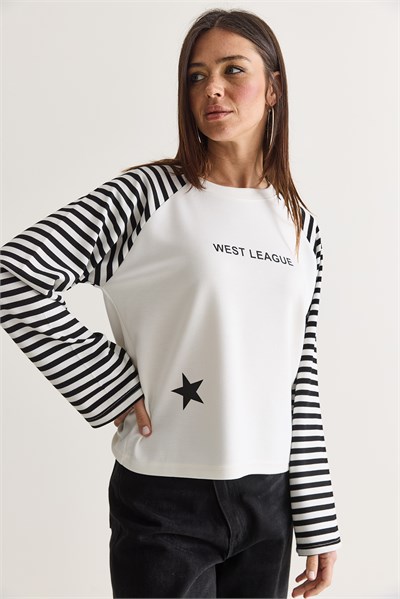 Kadın West League Baskılı Çizgili Reglan Kol Regular Fit Sweatshirt 2391 60286692 - Beyaz-Siyah