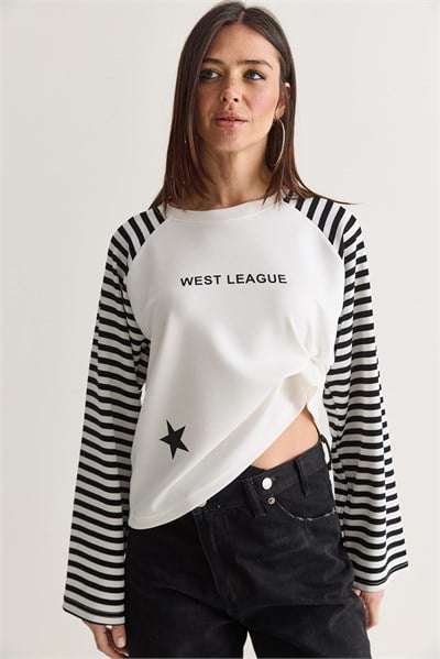 Kadın West League Baskılı Çizgili Reglan Kol Regular Fit Sweatshirt 2391 60286692 - Beyaz-Siyah