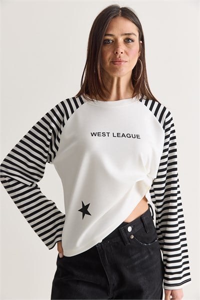 Kadın West League Baskılı Çizgili Reglan Kol Regular Fit Sweatshirt 2391 60286692 - Beyaz-Siyah