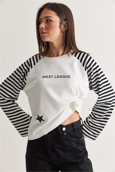 Kadın West League Baskılı Çizgili Reglan Kol Regular Fit Sweatshirt 2391 60286692 - Beyaz-Siyah