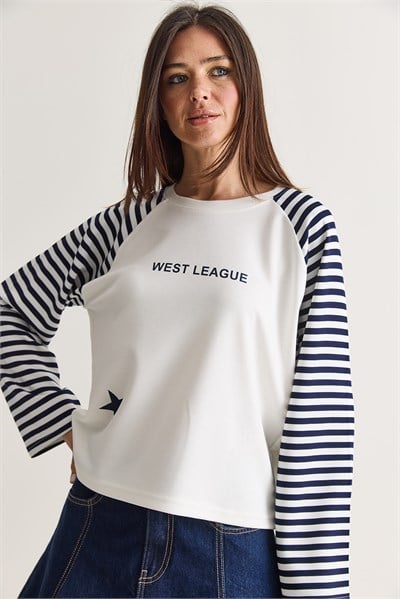 Kadın West League Baskılı Çizgili Reglan Kol Regular Fit Sweatshirt 2391 60286692 - Beyaz-Lacivert