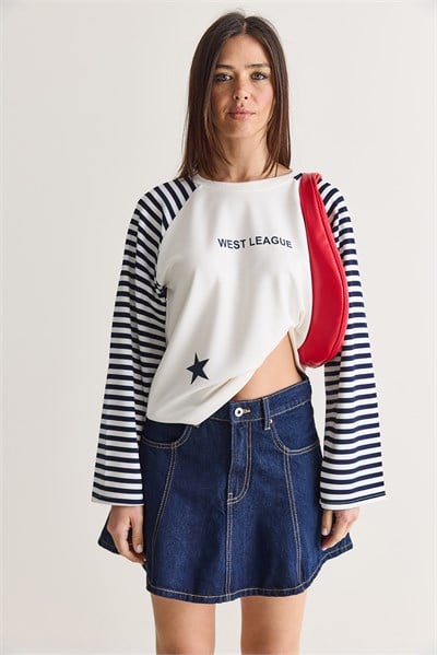 Kadın West League Baskılı Çizgili Reglan Kol Regular Fit Sweatshirt 2391 60286692 - Beyaz-Lacivert