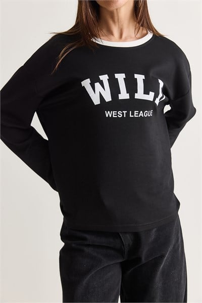 Kadın Wild Baskılı Bisiklet Yaka Oversize Uzun Kollu Sweatshirt 2392 60286691 - Siyah