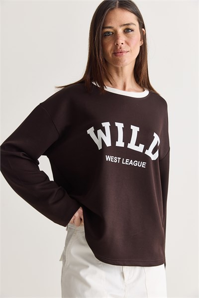 Kadın Wild Baskılı Bisiklet Yaka Oversize Uzun Kollu Sweatshirt 2392 60286691 - Acı Kahve