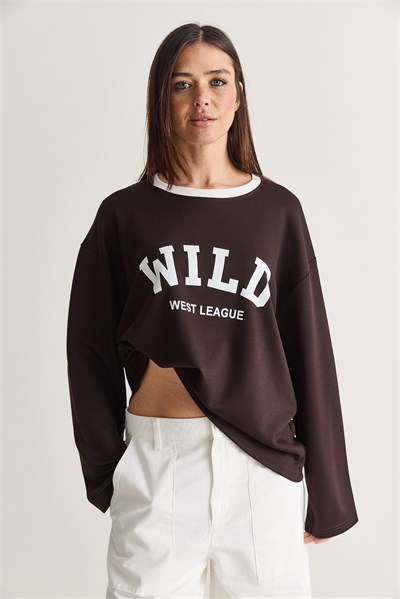 Kadın Wild Baskılı Bisiklet Yaka Oversize Uzun Kollu Sweatshirt 2392 60286691 - Acı Kahve