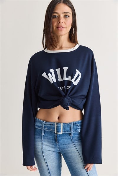 Kadın Wild Baskılı Bisiklet Yaka Oversize Uzun Kollu Sweatshirt 2392 60286691 - Lacivert