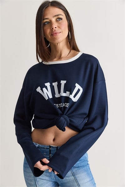 Kadın Wild Baskılı Bisiklet Yaka Oversize Uzun Kollu Sweatshirt 2392 60286691 - Lacivert
