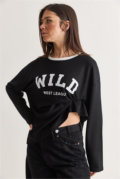 Kadın Wild Baskılı Bisiklet Yaka Oversize Uzun Kollu Sweatshirt 2392 60286691 - Siyah