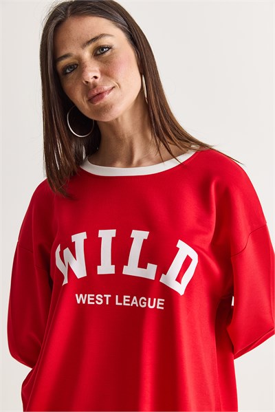 Kadın Wild Baskılı Bisiklet Yaka Oversize Uzun Kollu Sweatshirt 2392 60286691 - Kırmızı