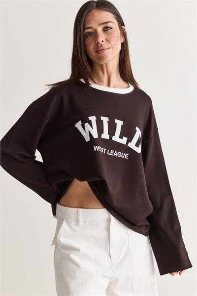 Kadın Wild Baskılı Bisiklet Yaka Oversize Uzun Kollu Sweatshirt 2392 60286691 - Acı Kahve