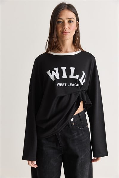 Kadın Wild Baskılı Bisiklet Yaka Oversize Uzun Kollu Sweatshirt 2392 60286691 - Siyah