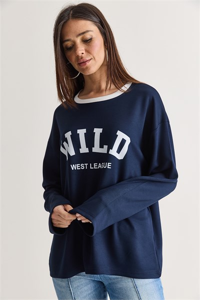 Kadın Wild Baskılı Bisiklet Yaka Oversize Uzun Kollu Sweatshirt 2392 60286691 - Lacivert