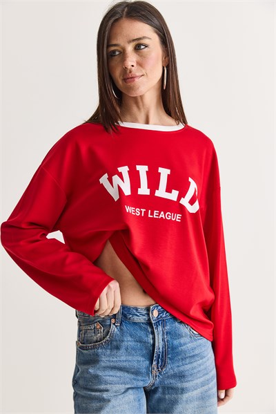 Kadın Wild Baskılı Bisiklet Yaka Oversize Uzun Kollu Sweatshirt 2392 60286691 - Kırmızı