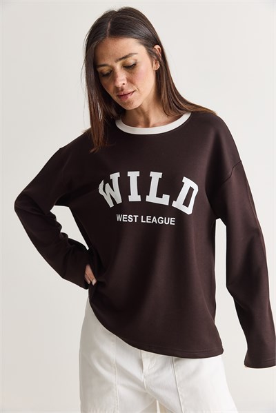 Kadın Wild Baskılı Bisiklet Yaka Oversize Uzun Kollu Sweatshirt 2392 60286691 - Acı Kahve