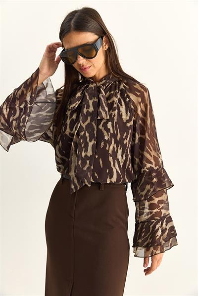 Kadın Yakadan Bağlamalı Desenli Şifon Astarlı Volan Kol Bluz 1032 60286090 - Acı Kahve
